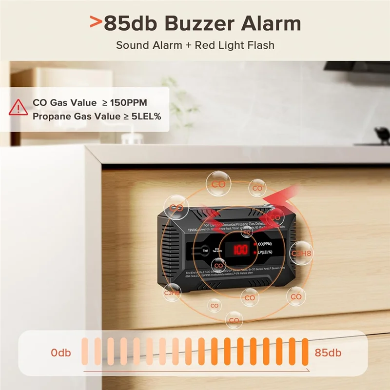 Detector de Gas Propano y Monóxido de Carbono 12V DC para RV | Alarma Dual LP/CO con Pantalla Digital