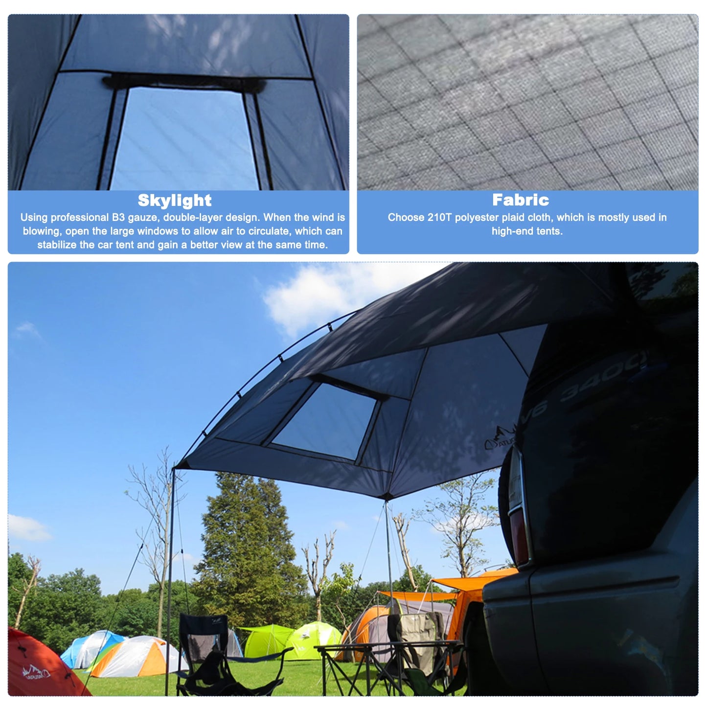 Auvent multifonctionnel pour voiture et camping-car - Imperméable · Résistant aux UV · Montage latéral/arrière/autonome · 350x240cm