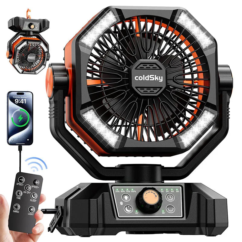 20000mAh Portable Desk Fan with Remote Control, 8 Speeds, and USB Charging