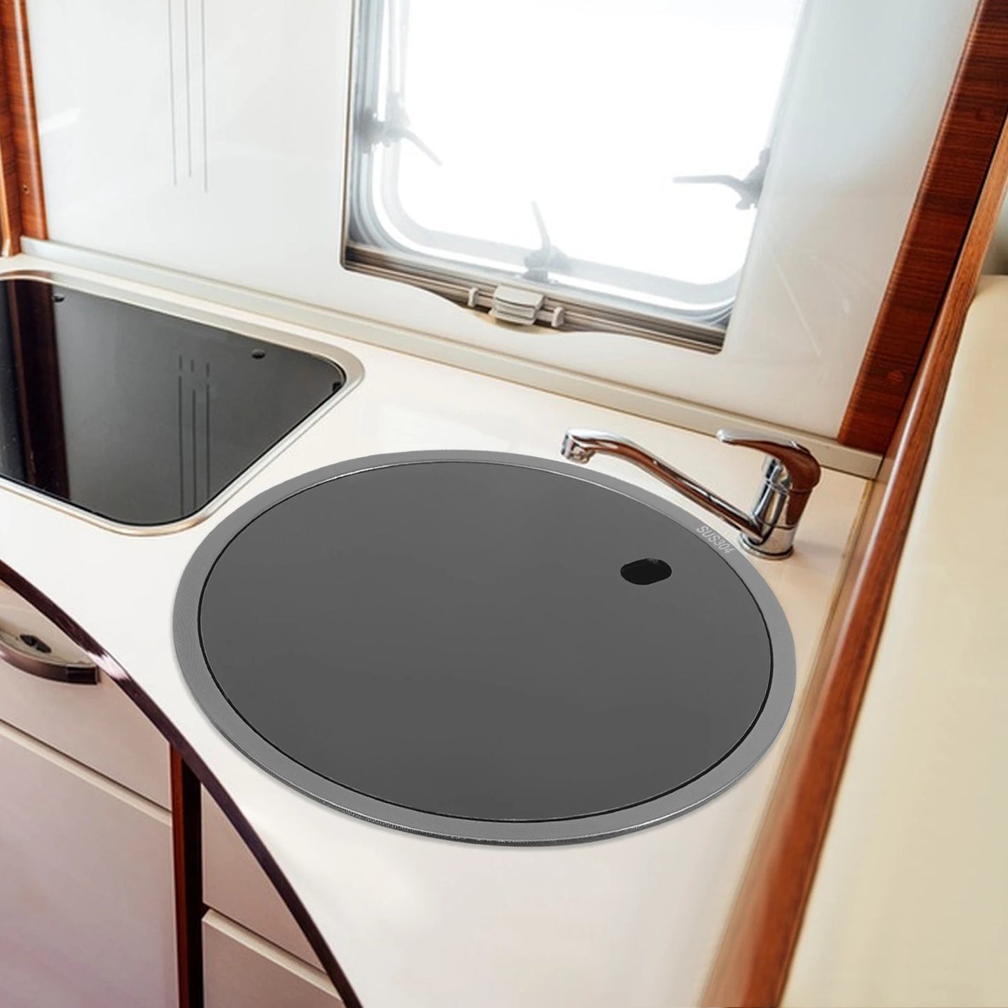 Évier rond en acier inoxydable noir – Bac simple 40×20 cm pour cuisine
