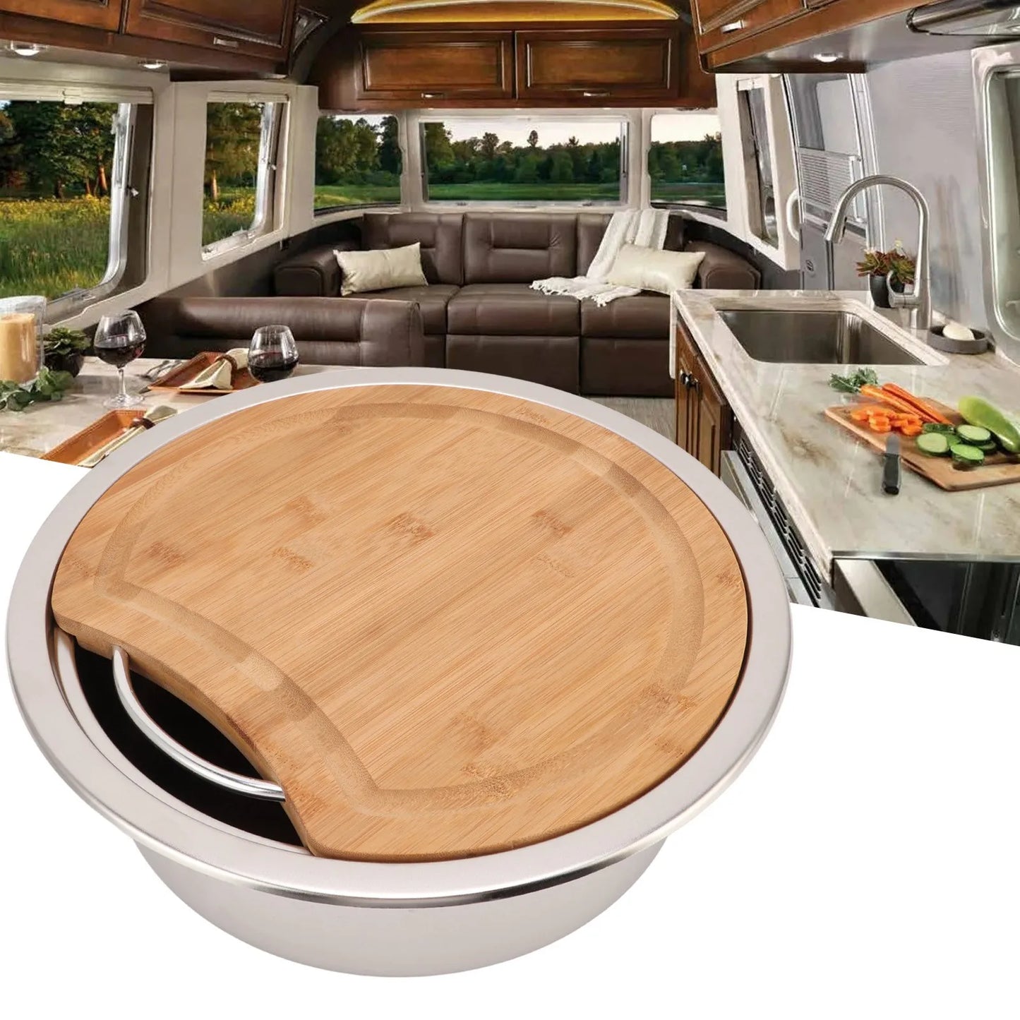 Évier de camping-car en acier inoxydable avec planche en bambou (360×120 mm)