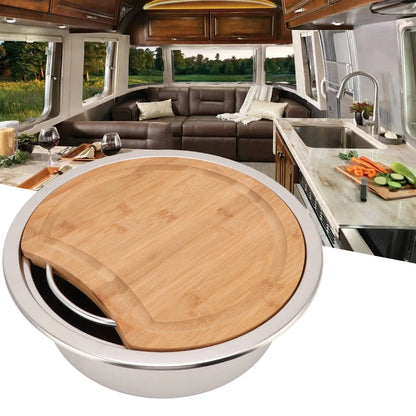 Évier de camping-car en acier inoxydable avec planche en bambou (360×120 mm)