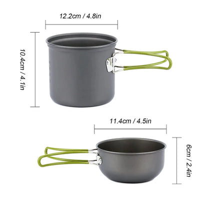 Anodized Aluminum Camping Pot Set - 2 Sizes + Mesh Bag (1-2 People)