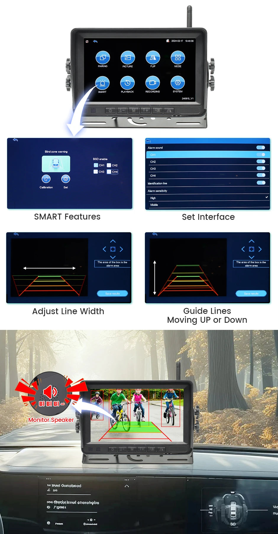 Kit Cámara de Marcha Atrás Inalámbrica AHD 720P GreenYi con Monitor IPS 7”, Grabación DVR y Detección de Ángulo Muerto