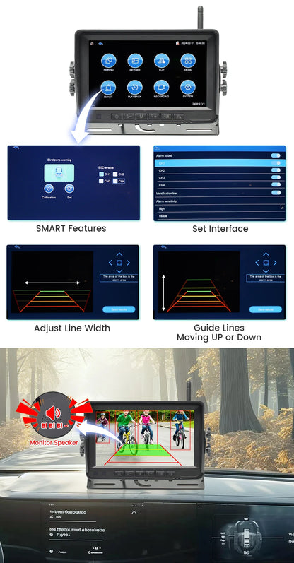 Kit Cámara de Marcha Atrás Inalámbrica AHD 720P GreenYi con Monitor IPS 7”, Grabación DVR y Detección de Ángulo Muerto