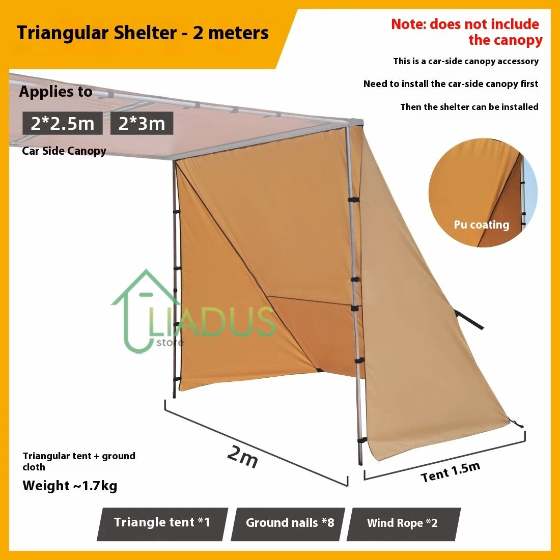 Triangular Side Car and Camper Awning - Waterproof 3000mm+ · Insect Net · UV50+ · Aluminum · 200x300cm