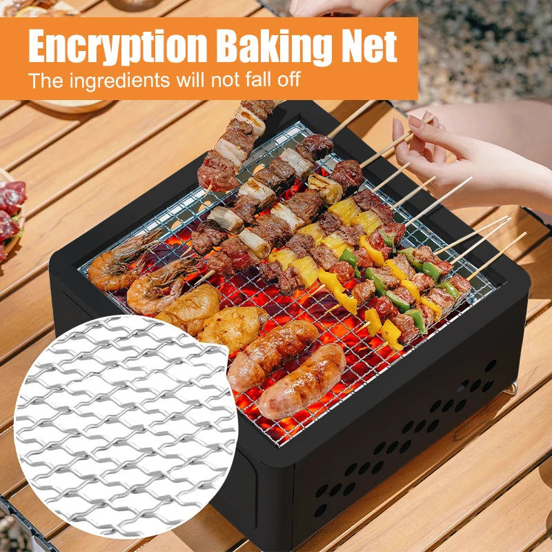Parrilla Carbón Acero Inox Plegable - Portátil + Rejilla para Camping y Exterior