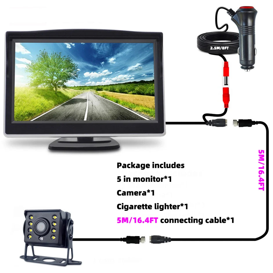 Cámara de Marcha Atrás QXNY con Cable 140° y Guías de Aparcamiento + Monitor 5” – Sistema de Visión Trasera para Coche, Furgoneta y RV (12V–24V)