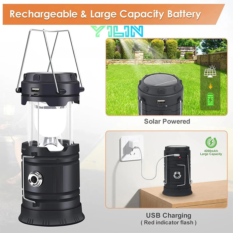 Telescopic Solar Lamp - Rechargeable LED + 2-in-1 Flashlight (Waterproof)