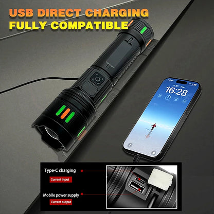 Lampe torche LED rechargeable USB-C - Zoom réglable + Affichage numérique (3 modes) pour le camping