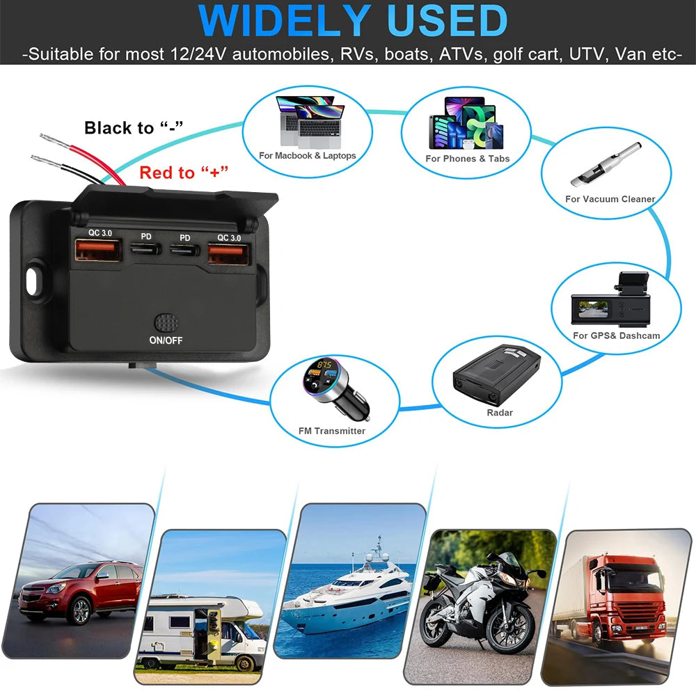 Cargador USB Empotrable 12–24V con PD y QC3.0