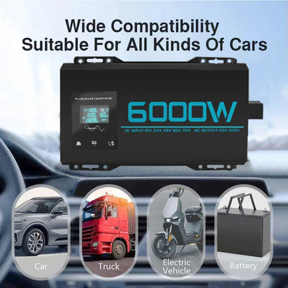 Inversor de Corriente Onda Pura 3000W 6000W Pico | Inversor DC/AC 12V–72V a 220V para RV y Camper