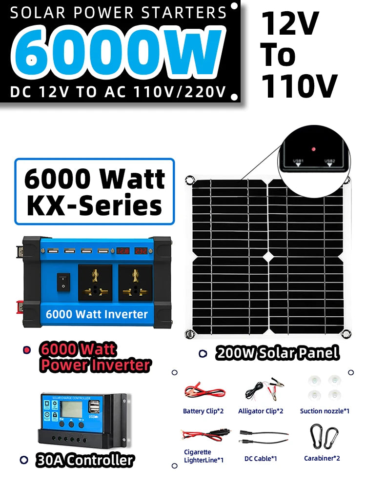 Kit Onduleur Solaire 6000W - 12V vers 220V + Panneau + Régulateur 30A