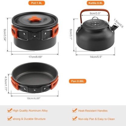 Set de cuisine de camping en aluminium - Pliable + Ustensiles + Sac de transport (VR/Extérieur)