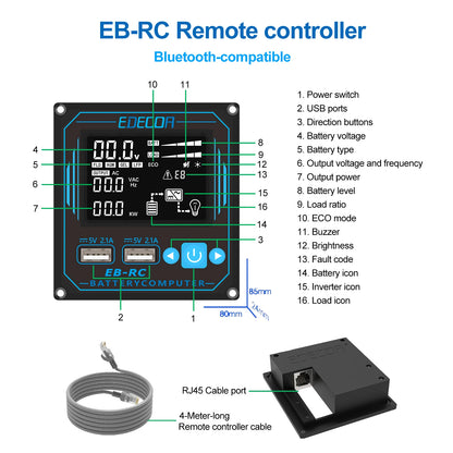 Inversor de Corriente Onda Pura 3500W 12V a 230V | Inversor Inteligente con ECO, USB, Bluetooth y Control Remoto para RV