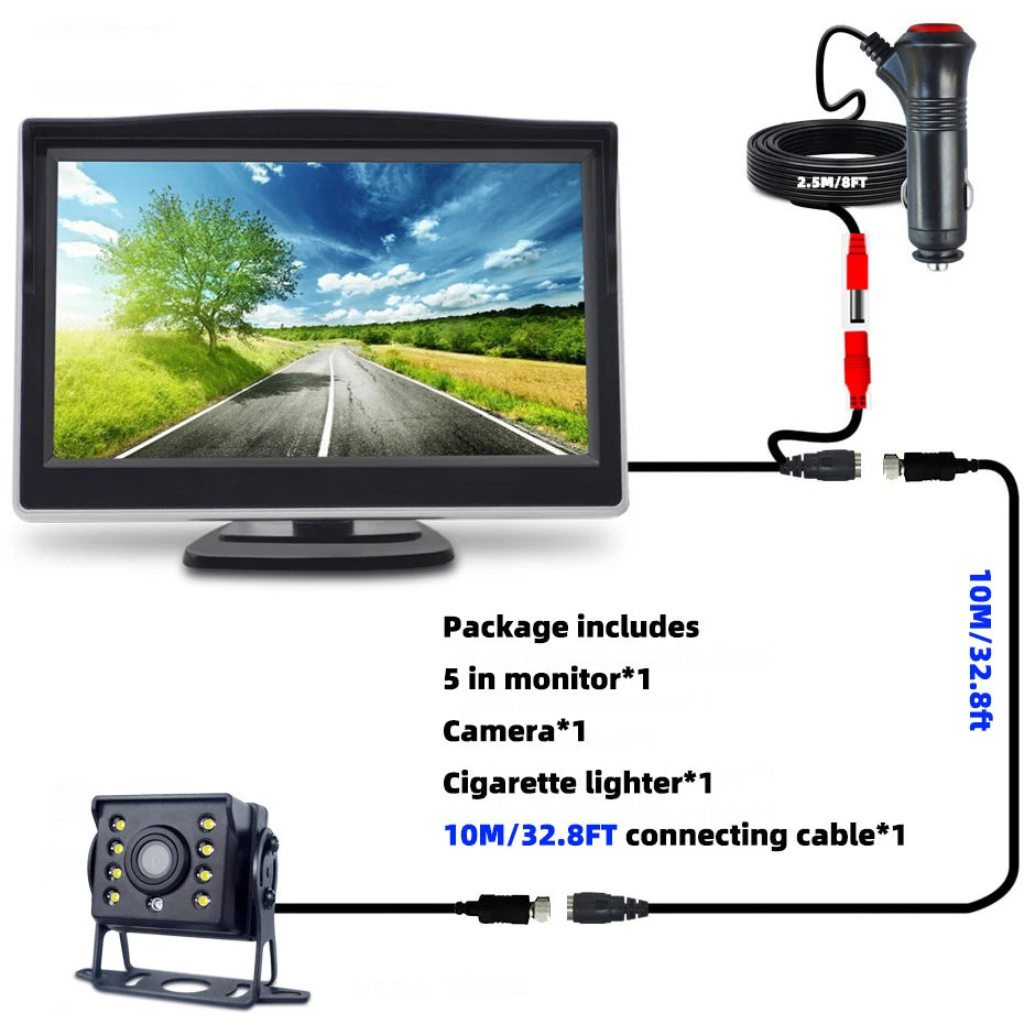 Cámara de Marcha Atrás QXNY con Cable 140° y Guías de Aparcamiento + Monitor 5” – Sistema de Visión Trasera para Coche, Furgoneta y RV (12V–24V)