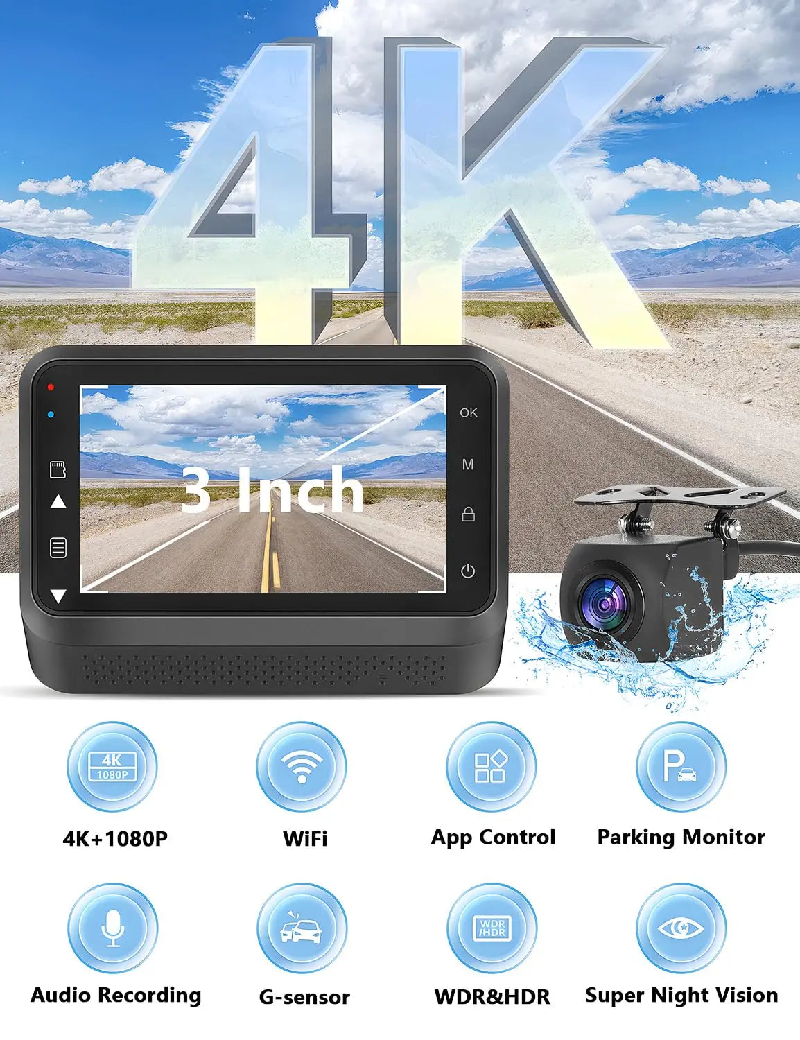 Dashcam 4K Dual con WiFi + Aparcamiento 24H - Kocam