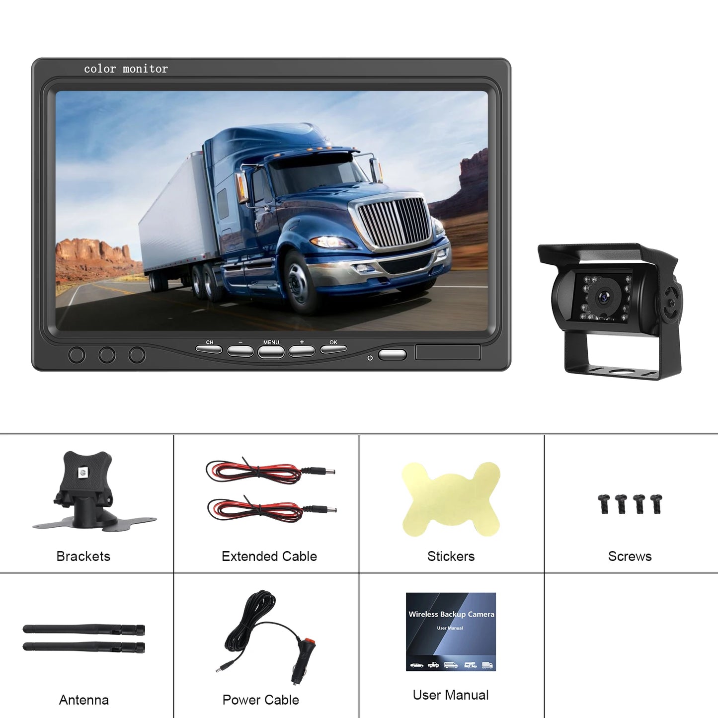 Kit Cámara de Marcha Atrás Inalámbrica 1080P con Monitor IPS HD de 7” – Sistema de Aparcamiento Nocturno para Camper, RV y Camión