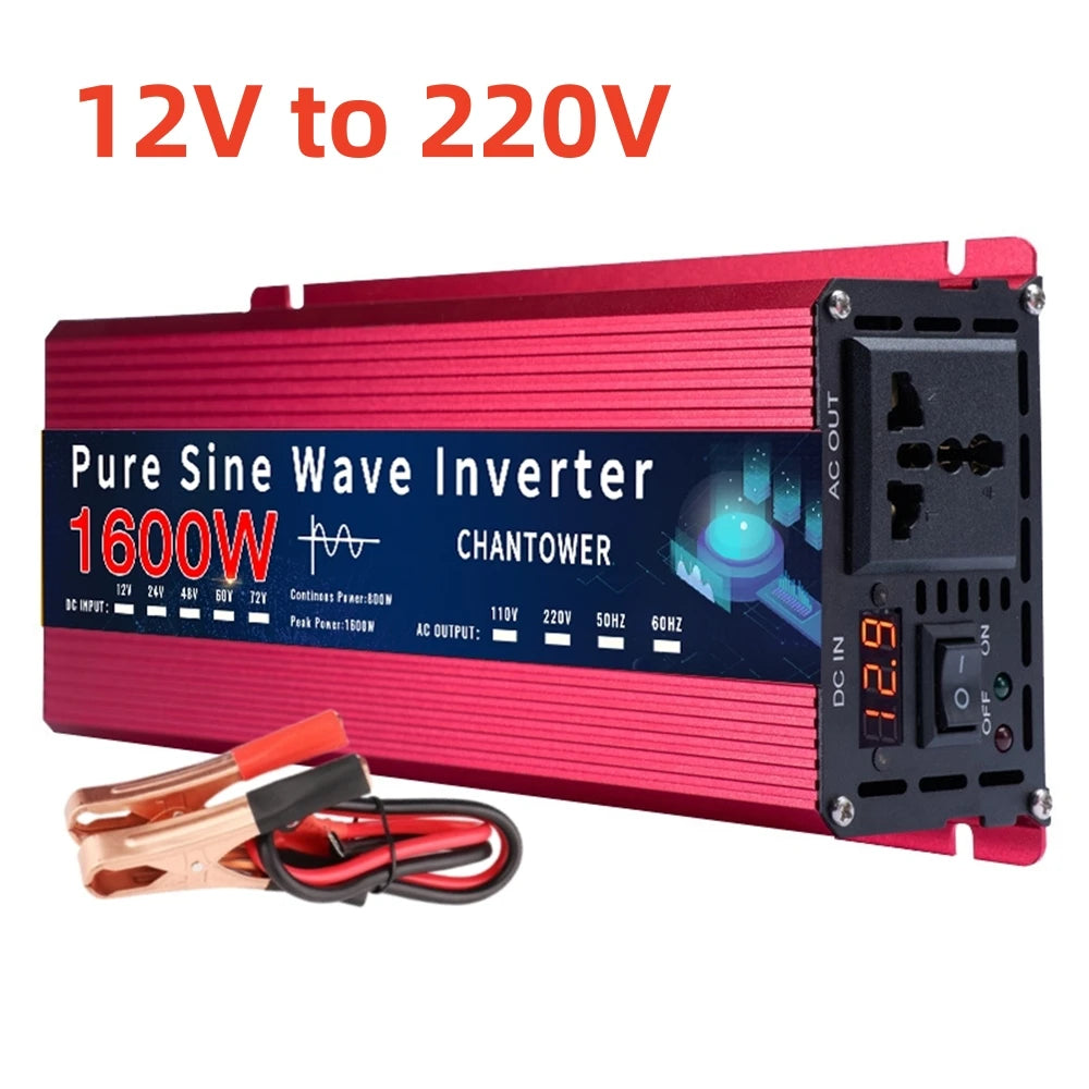 Inversor de Corriente Onda Pura 12V/24V a 110V–220V | 800W–1500W Continuos con Pantalla LCD para RV y Camper