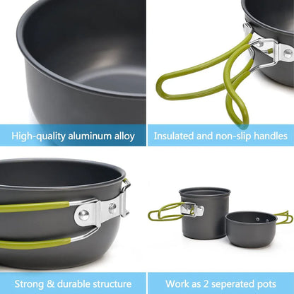 Anodized Aluminum Camping Pot Set - 2 Sizes + Mesh Bag (1-2 People)