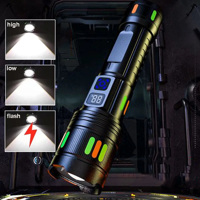 Lampe torche LED rechargeable USB-C - Zoom réglable + Affichage numérique (3 modes) pour le camping