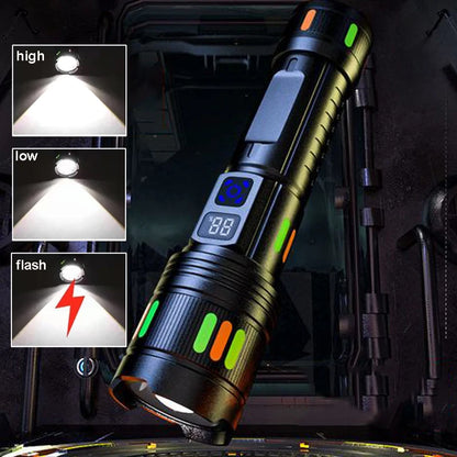 Lampe torche LED rechargeable USB-C - Zoom réglable + Affichage numérique (3 modes) pour le camping