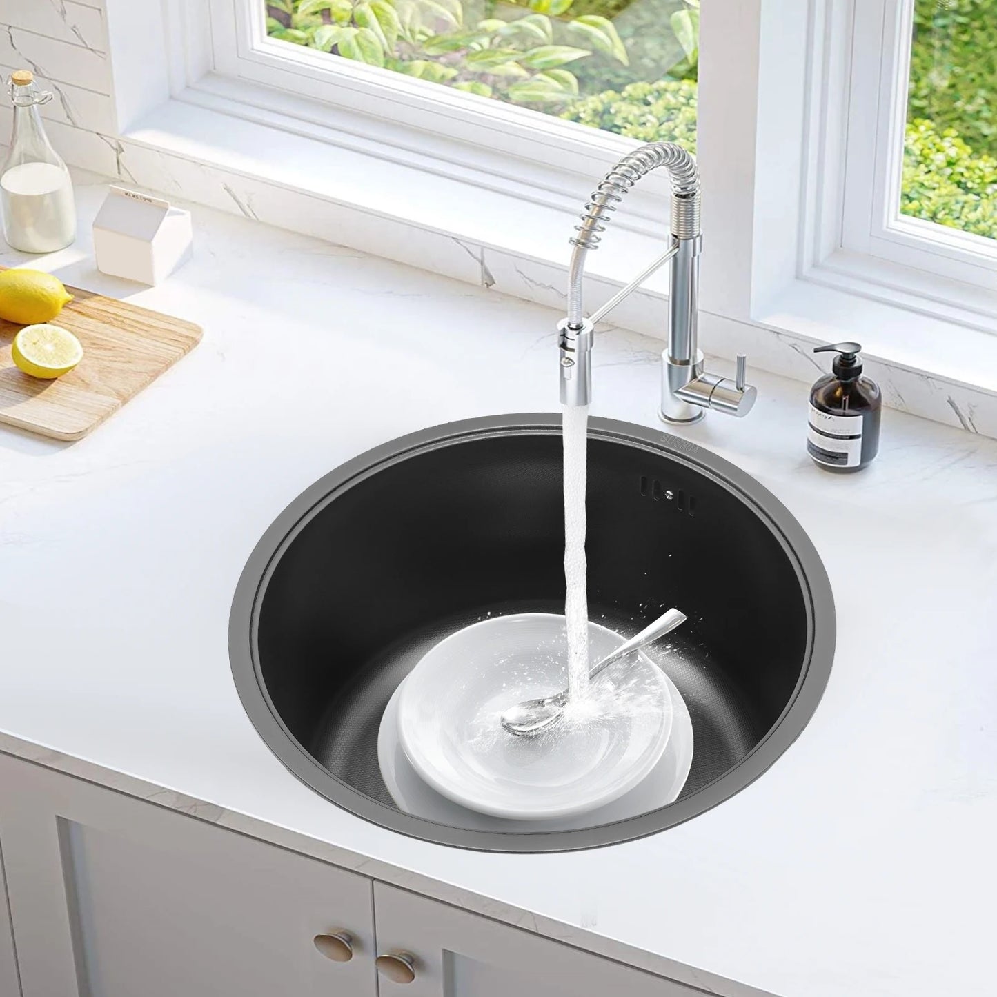 Évier rond en acier inoxydable noir – Bac simple 40×20 cm pour cuisine