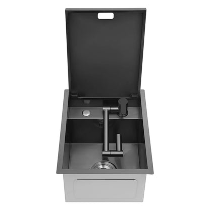 Concealed Dark Grey Stainless Steel Sink with Tap – Single Bowl with Soft-Close Lid (450×350×210 mm)
