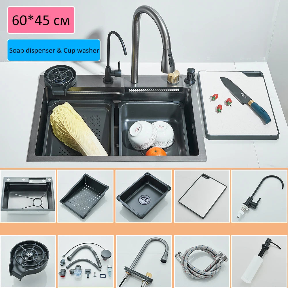 Évier de cuisine haut de gamme avec robinet cascade et accessoires intégrés 