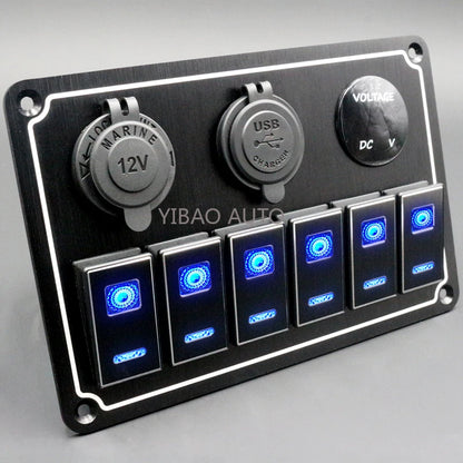 Panel de Interruptores de Aluminio 12V / 24V con USB y LED Azul