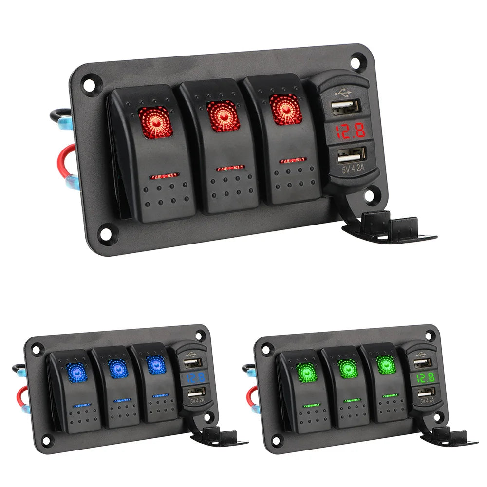 Panel de Interruptores LED 12V/24V – 3 Vías con Voltímetro y USB