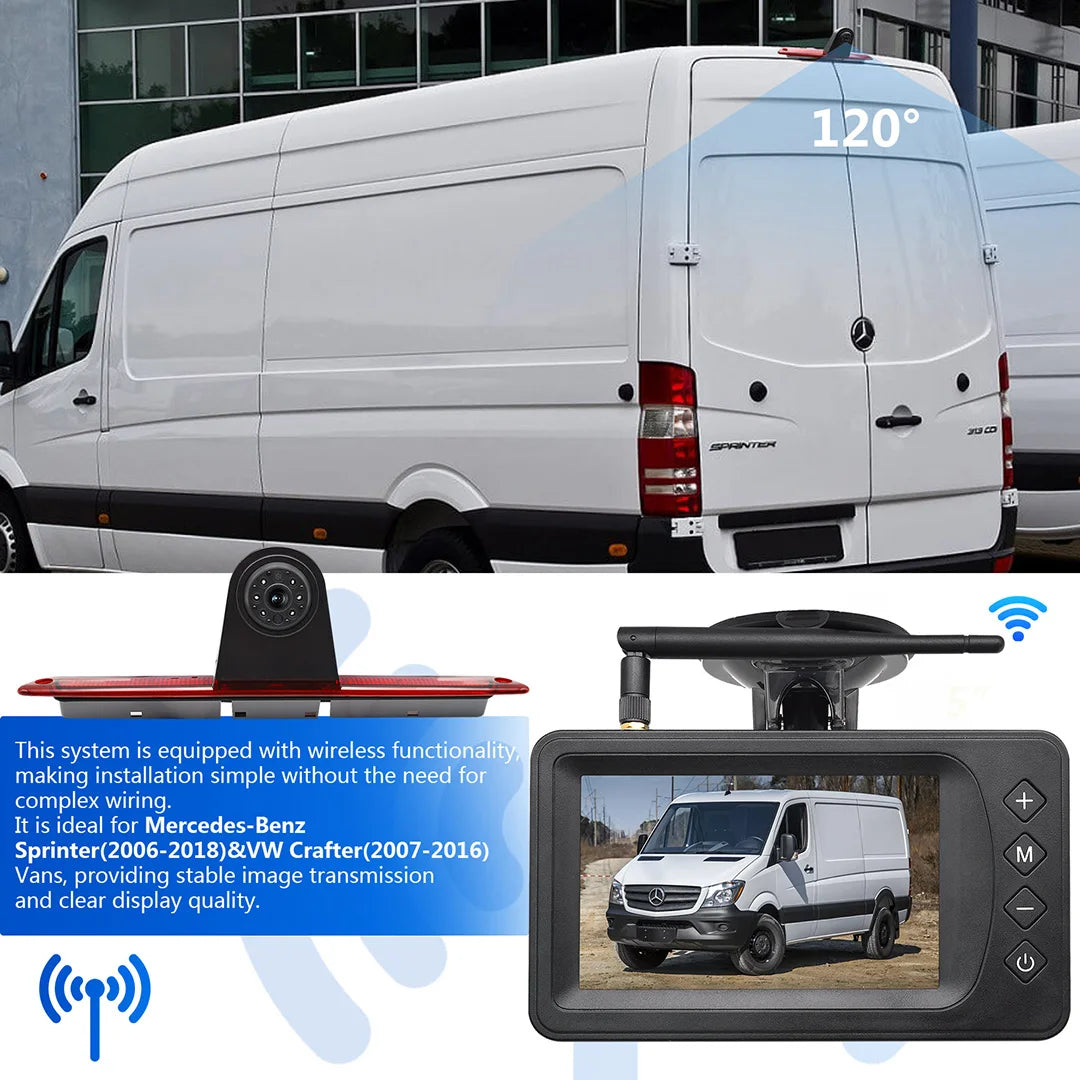 Kit Cámara de Marcha Atrás Inalámbrica 1080P con Monitor 5” – Luz de Freno para Mercedes Sprinter y VW Crafter