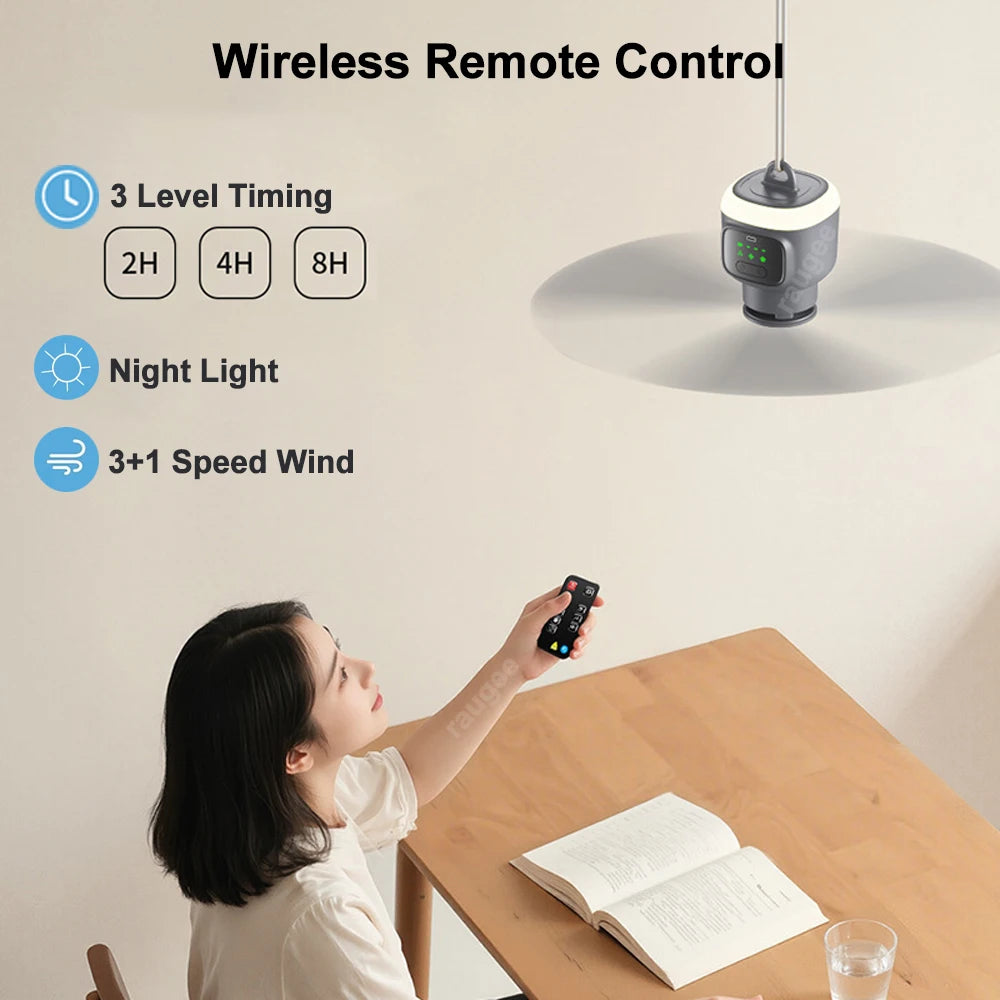 Ventilador Colgante Recargable con Control Remoto | 12000mAh, Aspas 450mm, Luz LED y Temporizador
