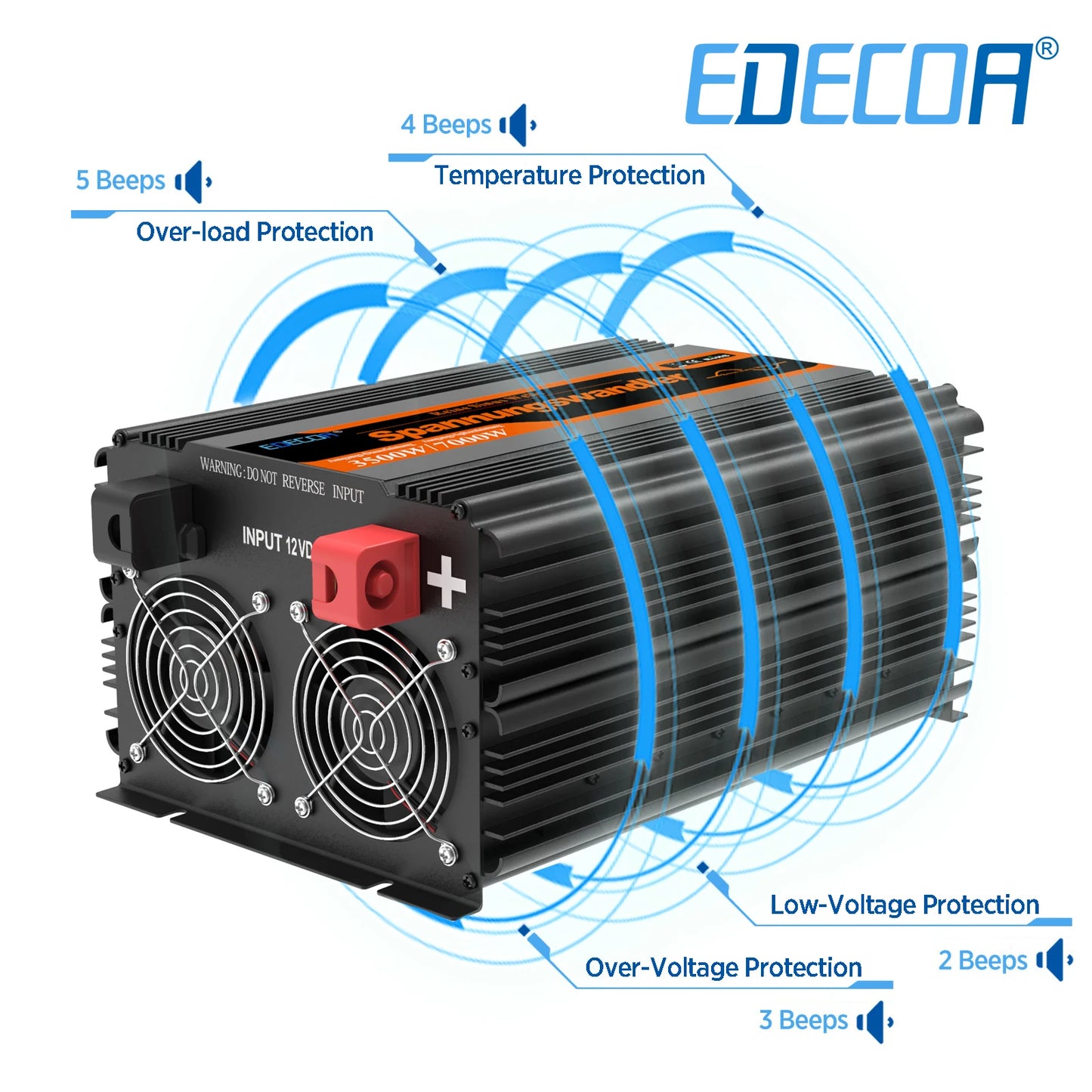 Inversor de Corriente Onda Pura 3500W 12V a 230V | Inversor Inteligente con ECO, USB, Bluetooth y Control Remoto para RV