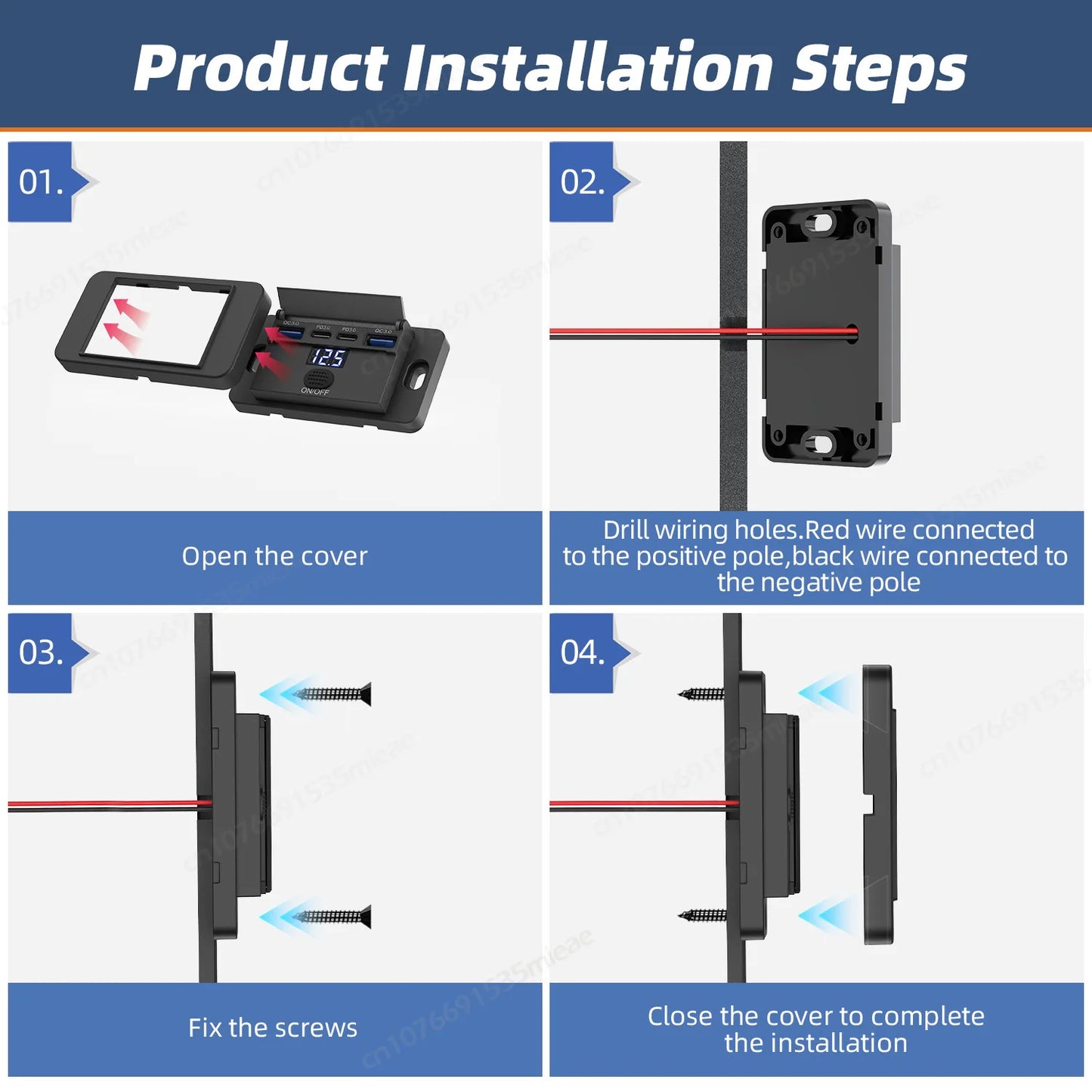 Toma USB Cuádruple 12–24V 84W con Interruptor y Voltímetro
