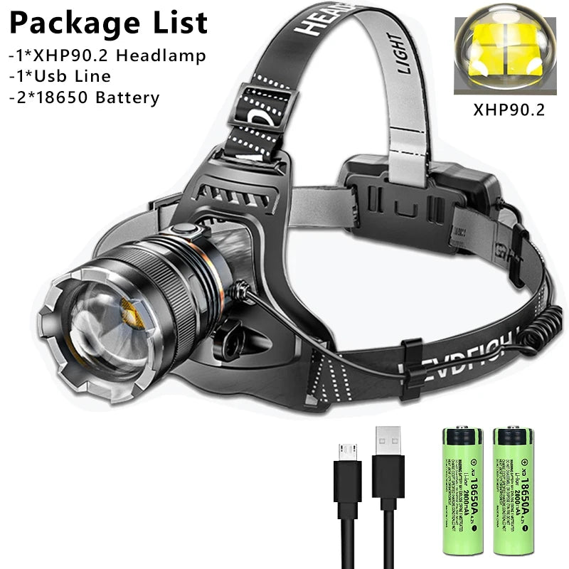 Lampe frontale LED 50W XHP90 - Lumière 360° + 3 Modes + Étanche