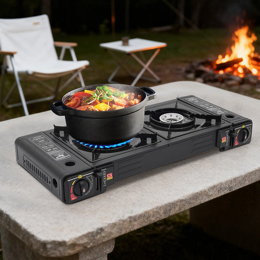 Réchaud de camping 2 feux 2500W - Allumage piézoélectrique + Gaz butane (3-5 personnes)