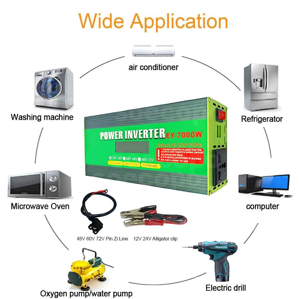 Inversor de Corriente 12V/24V/48V a 220V con Pantalla LCD | 1200W Continuos / 7000W Pico | Doble USB