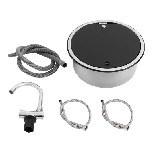 Fregadero de Acero Inoxidable 340 mm con Grifo Plegable – Para RV, Camper y Yates