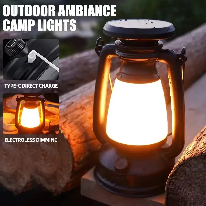Lampe LED de camping rétro - Rechargeable USB-C + 3 modes d'éclairage (étanche)