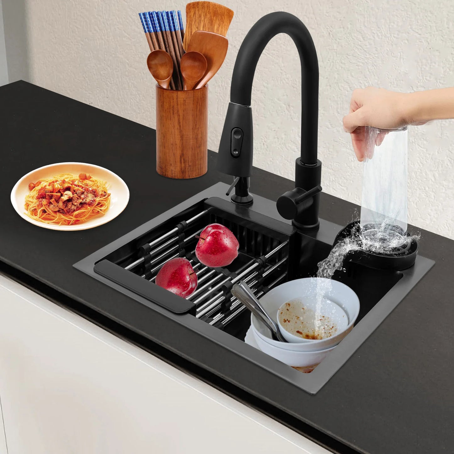 Stainless Steel Kitchen Sink with Pull-Out Tap, Black (40×45 cm) 