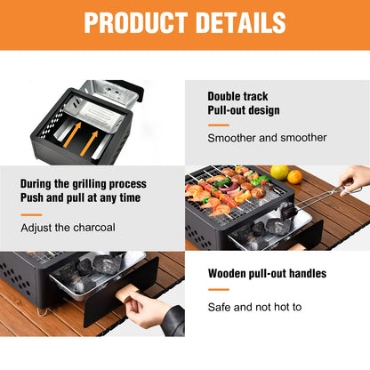 Parrilla Carbón Acero Inox Plegable - Portátil + Rejilla para Camping y Exterior