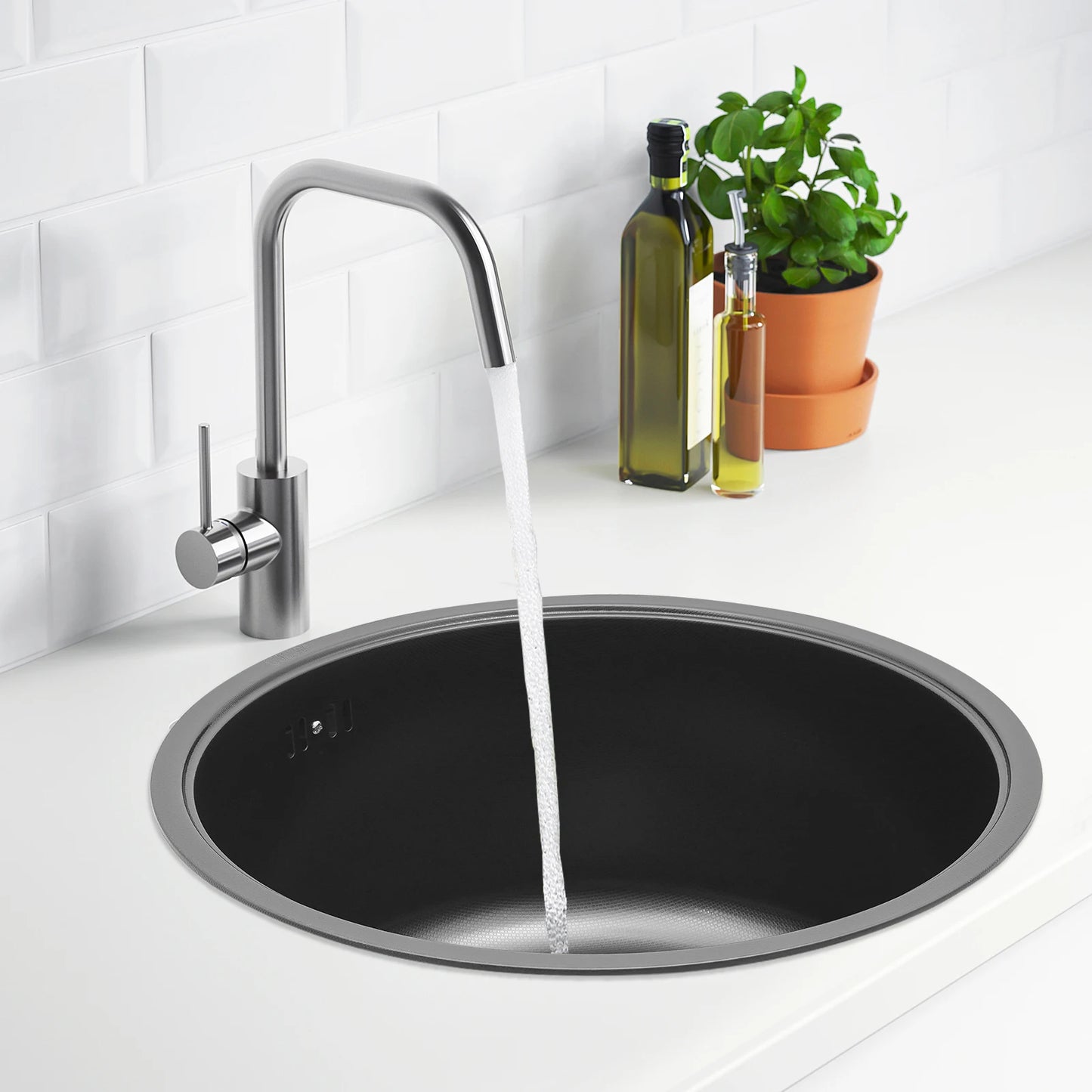 Évier rond en acier inoxydable noir – Bac simple 40×20 cm pour cuisine