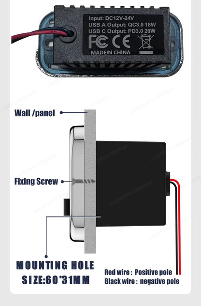 Cargador USB Empotrable 12–24V con Carga Rápida (PD + QC)