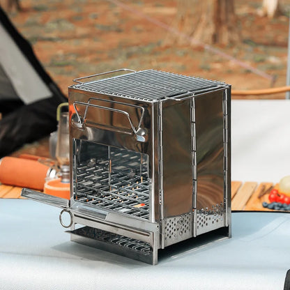 Hornillo Leña Acero Inox Plegable - Portátil + Bandeja Cenizas para Camping