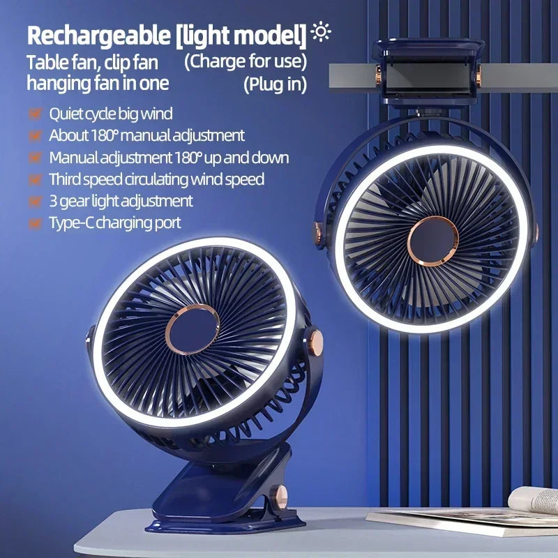 Ventilateur LED rechargeable avec pince | Conception 3-en-1 : table, plafond ou camping
