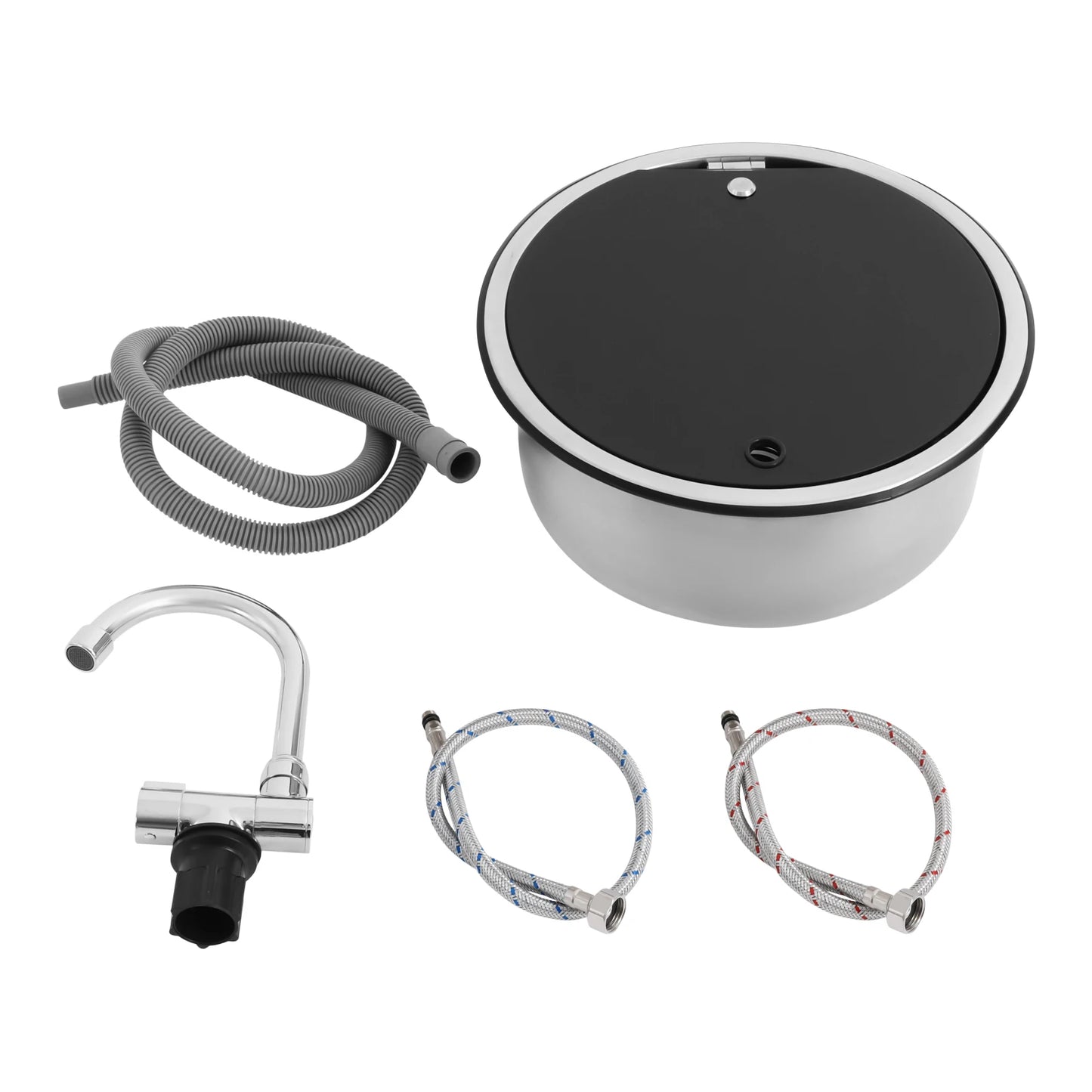 Évier de cuisine en acier inoxydable 340×340 mm avec robinet pliable – Idéal pour les camping-cars et les petits espaces 