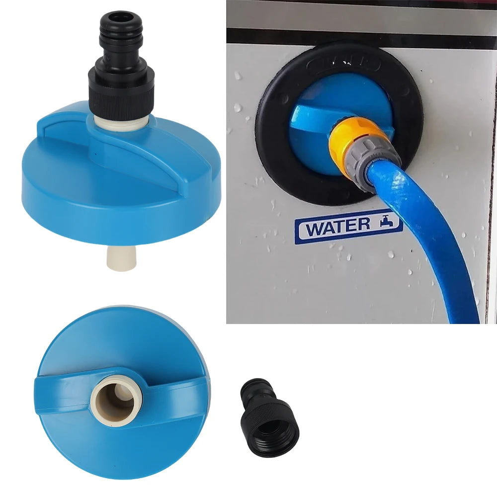 Adaptador azul para llenado de agua en caravana con conector de manguera