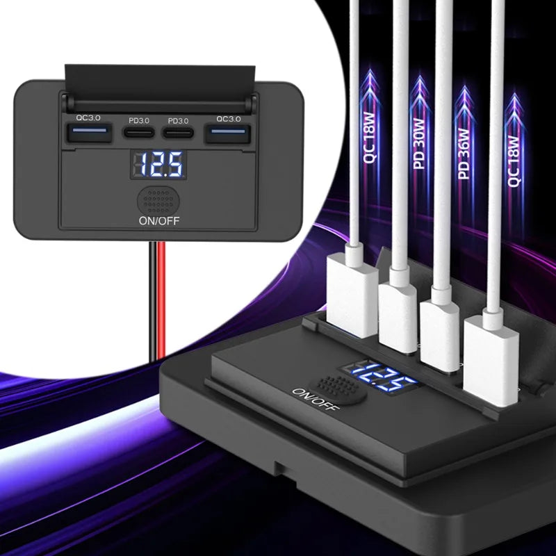 Toma USB Cuádruple 12–24V 84W con Interruptor y Voltímetro