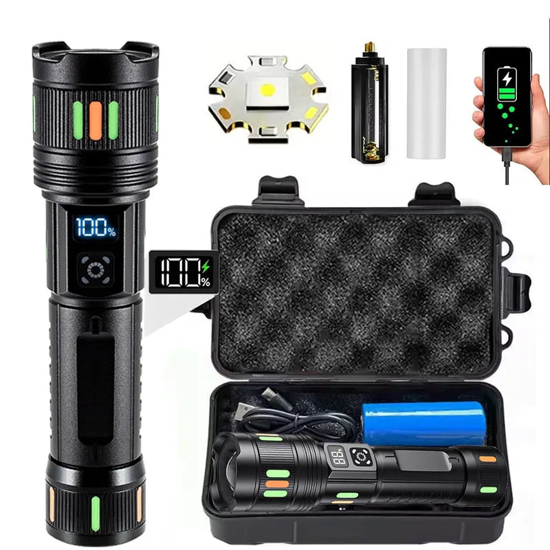 Lampe torche LED rechargeable USB-C - Zoom réglable + Affichage numérique (3 modes) pour le camping